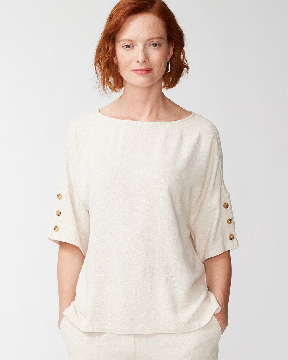 Chico’s Cream Linen Blend Button Short Sleeve Popover Top Size 2(US 12)